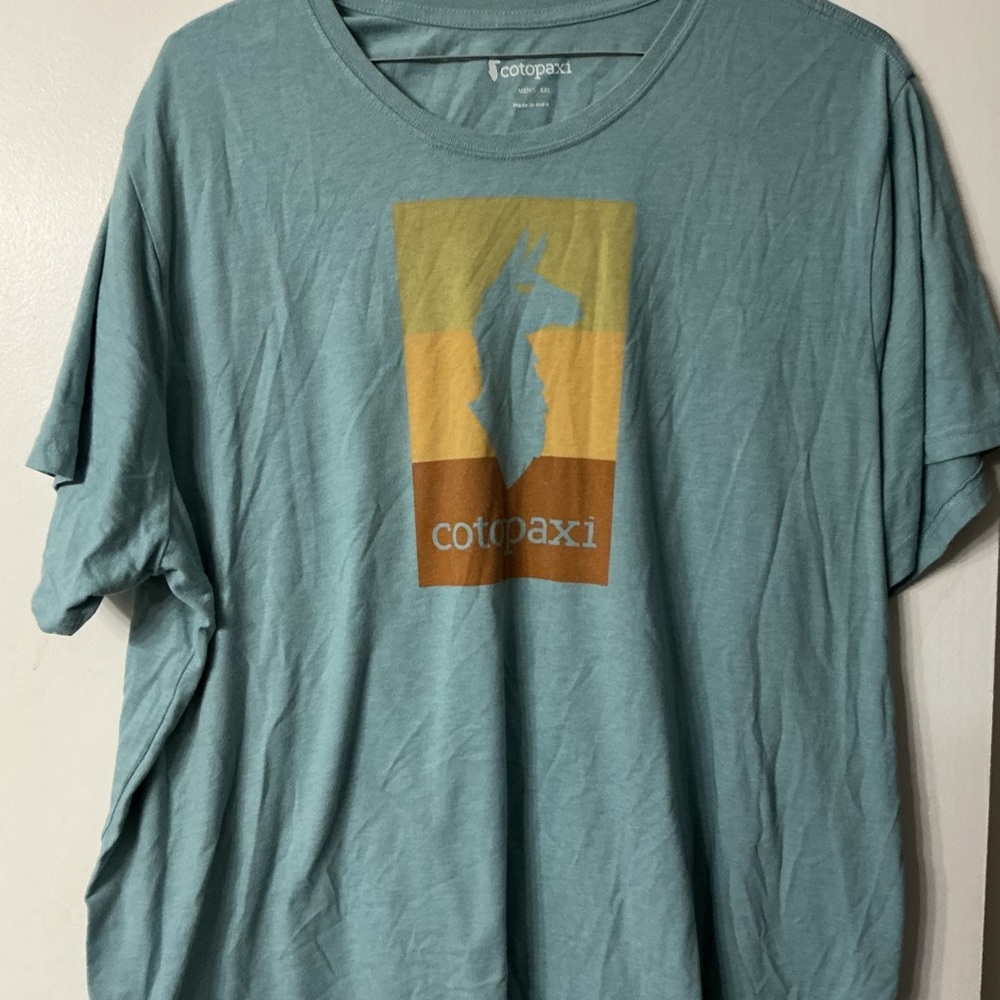 cotopaxi Teal Short-Sleeve Logo Tee with Yellow & Brown Graphic